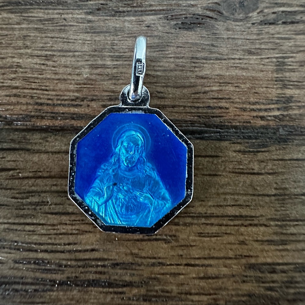 ✝️ Vintage Sterling Silver Blue Enamel Religious Medal | Marcasite Accents